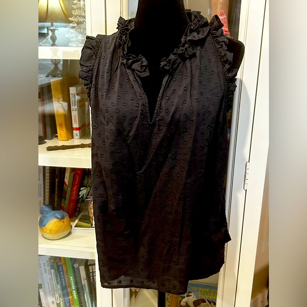 Black ruffle Swiss dot cotton sleeveless blouse
